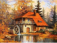 Diamentowa Mozaika Dom Z Młynem Jesienią Haft Kreatywny 30x40 Cm
